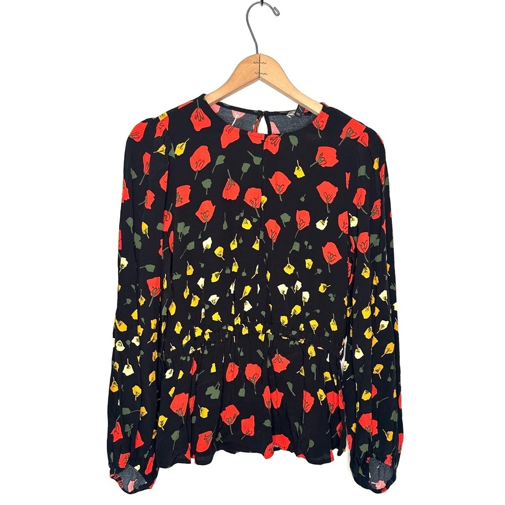 Banana Republic | Black Red Poppy Keyhole Floral Peplum Blouse Size Small